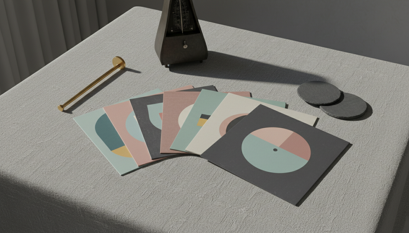 An elegant arrangement of classic vinyl records elegantly fanned out atop a textured ash-grey linen cloth, each sleeve featuring abstract, minimalist geometric designs in faded, muted hues. Surrounding the records are delicate details—a slim brass tonearm, polished slate coasters, and a single, antique metronome with a matte finish. Diffused afternoon light streams in from the side, creating soft, harmonious gradients and crisp, gentle shadows. The scene is composed from a slightly elevated angle with balanced negative space, giving the atmosphere a sophisticated, calm, and understated tone that mirrors the clean, photographic realism and minimalist influences of the site.