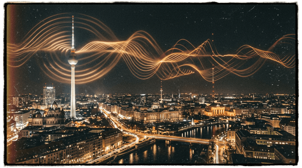 Berlin cityscape at night with illuminated TV tower and light wave effects
